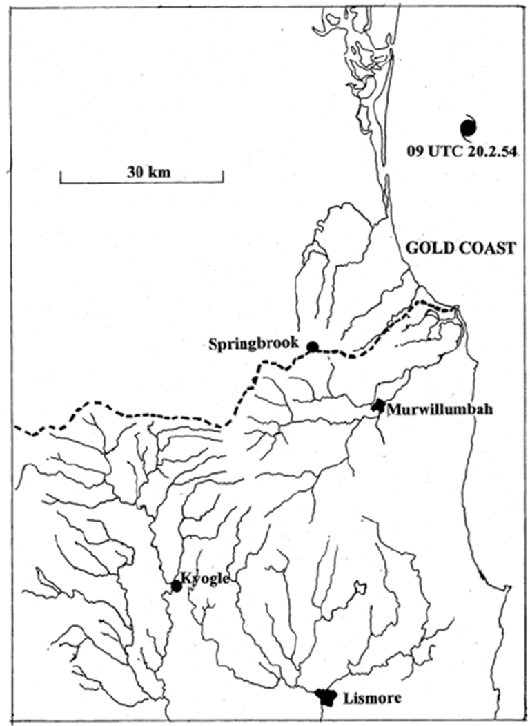 Position of the cyclone at 7pm when the disastrous flooding began together with the location of Springbrook in relations to the various